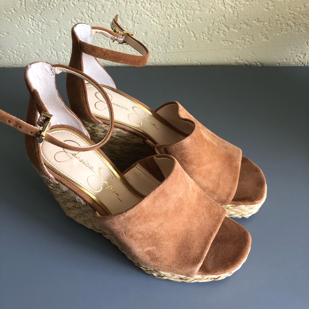 Jessica Simpson Tan Suede Open Toe High Wedges